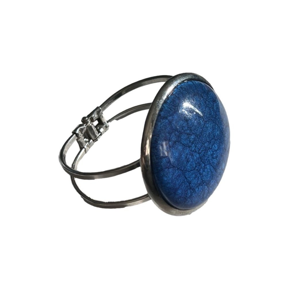 Vintage Large Blue Round Cabochon Silver Tone Clamper Bracelet